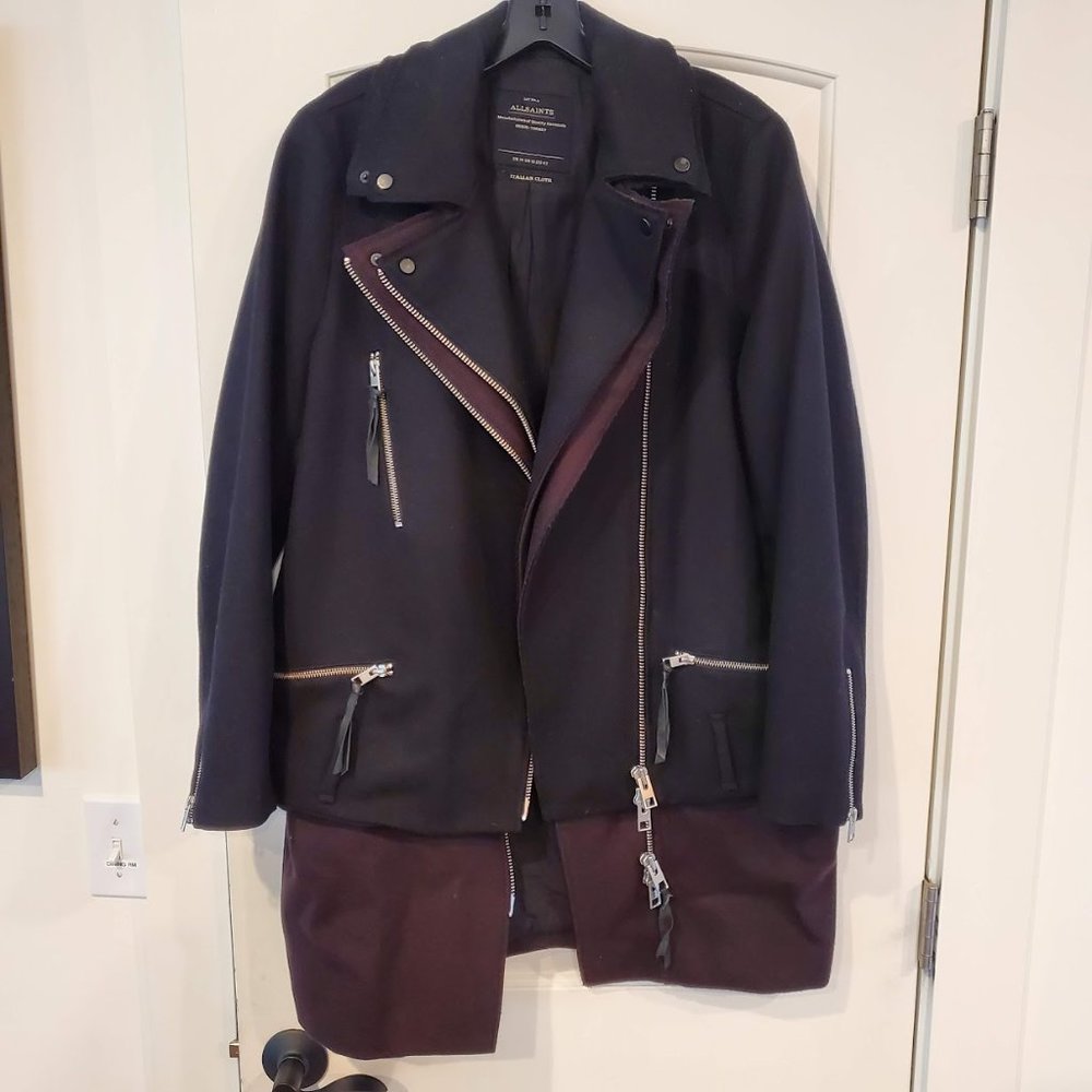 AllSaints Black Oxblood Wool Holt Biker Jacket - Size 10 UK14